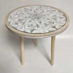 SIDE TABLE, WOODEN WITH  GLASS, WHITE-NATURAL, 49x49x46cm