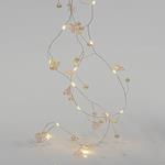 LINE, 20 MINI LED, WITH ACRYLIC FLOWERS AND PEARLS, BATTERY BOX 2xAA, TIMER, SILVER COPPER WIRE, WARM WHITE LED, PER 7,5cm, LEAD WIRE 50cm, IP20