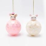 GLASS BALL, PINK AND WHITE WITH MOUSE, 2 DESIGNS, 11cm