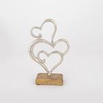 TABLE  DECORATION, HEARTS ON A WOODEN  BASE, WOOD-ALUMINIUM, SILVER-NATURAL, 15x5x25cm