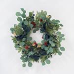 WREATH, WITH BLUE BERRIES AND GREEN BOWS,  60cm