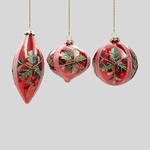 GLASS ORNAMENT, TRANSPARENT RED WITH PINK DESIGNS AND MISTLETOE, 3 DESIGNS, SET 4PCS, 10cm