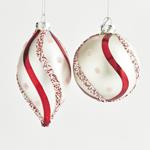 GLASS ORNAMENT, SILVER PEARL WITH RED DESIGNS, 3 SHAPES, SET 4PCS, 8CM/6x13CM