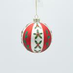GLASS BALL, WHITE WITH RED AND MISTLETOE PATTERN, SET 4PCS, 10cm