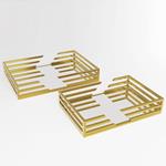 S/2 TRAY, METAL, WITH MIRROR, GOLD L:D35x25x5, S:D30.5x20.5x5cm