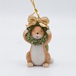 POLYRESIN HANGING ORNAMENT, MOUSE WITH WREATH, GREEN,  4x7cm