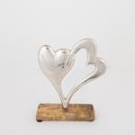 TABLE  DECORATION, HEARTS ON A WOODEN  BASE, WOOD-ALUMINIUM, SILVER-NATURAL, 18x5x22cm