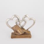 TABLE  DECORATION, HEARTS AND  WOODEN BIRD, WOOD-ALUMINIUM, SILVER-NATURAL, 23x5x17cm