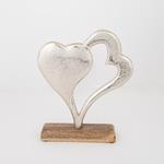 TABLE  DECORATION, HEARTS ON A WOODEN  BASE, WOOD-ALUMINIUM, SILVER-NATURAL, 22x5x27cm
