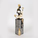 DECORATIVE SCULPTURE, RESIN, FEMALE WITH MUSICAL INSTRUMENT ΟΝ A BASE, WHITE-GOLD-BLACK,13x9.5x38cm