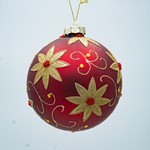 GLASS BALL, RED WITH GOLD POINSETTIA, 12cm