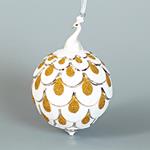 GLASS BALL, WHITE WITH PORCELAIN PEACOCK, WITH GOLD DESIGNS, 9cm, PCS 1