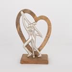 TABLE  DECORATION, COUPLE IN  WOODEN  HEART, WOOD-ALUMINIUM, SILVER-NATURAL, 20x8x34cm