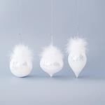 GLASS ORNAMENT, PEARL WHITE, WITH FEATHERS, 3 SHAPES, SET 4PCS, 10cm