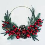 WREATH, WITH SILVER HOOP, FLOWER, WITH PINE CONE AND BERRY, 50cm