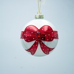 GLASS BALL, WHITE WITH RED BOW, SET 4PCS, 10cm