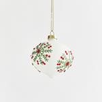 GLASS ORNAMENT, WHITE, MAT, WITH MISTLETOE AND RED BEADS, 2 SHAPES, SET 4PCS, 8m