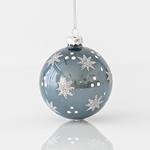 GLASS BALL, SHINY GREY, WITH GLITTER AND SNOWFLAKES, SET 4PCS, 8cm