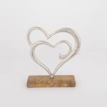 TABLE  DECORATION, HEARTS ON A WOODEN  BASE, WOOD-ALUMINIUM, SILVER-NATURAL, 20x5x23cm