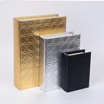 DECORATIVE BOOK BOX, BLACK-GOLD-SILVER, SET 3PCS,  30x22x7.5, 23x17x6, 16x11x4.5cm