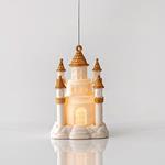 LIGHTED ACRYLIC CASTLE, WHITE WITH GOLD, BATTERY OPERATED, 7,4x11,3cm