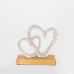 TABLE  DECORATION, HEARTS,  WOOD-NICKEL, SILVER-NATURAL, 15x5x15cm