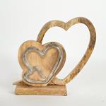 TABLE  DECORATION, HEARTS ON A WOODEN  BASE, WOOD-ALUMINIUM, SILVER-NATURAL, 18x5x19cm