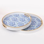 S/2 TRAY PS-GLASS WHITE - BLUE 40x40x4cm / 36x36x4cm