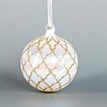 GLASS BALL, IREDISCENT WHITE, WITH GOLD DESIGNS, 8cm, PCS 1
