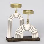 DOUBLE CANDLE HOLDER, WOODEN, WHITE, METAL BASE, GOLD,  23.50x8x26cm